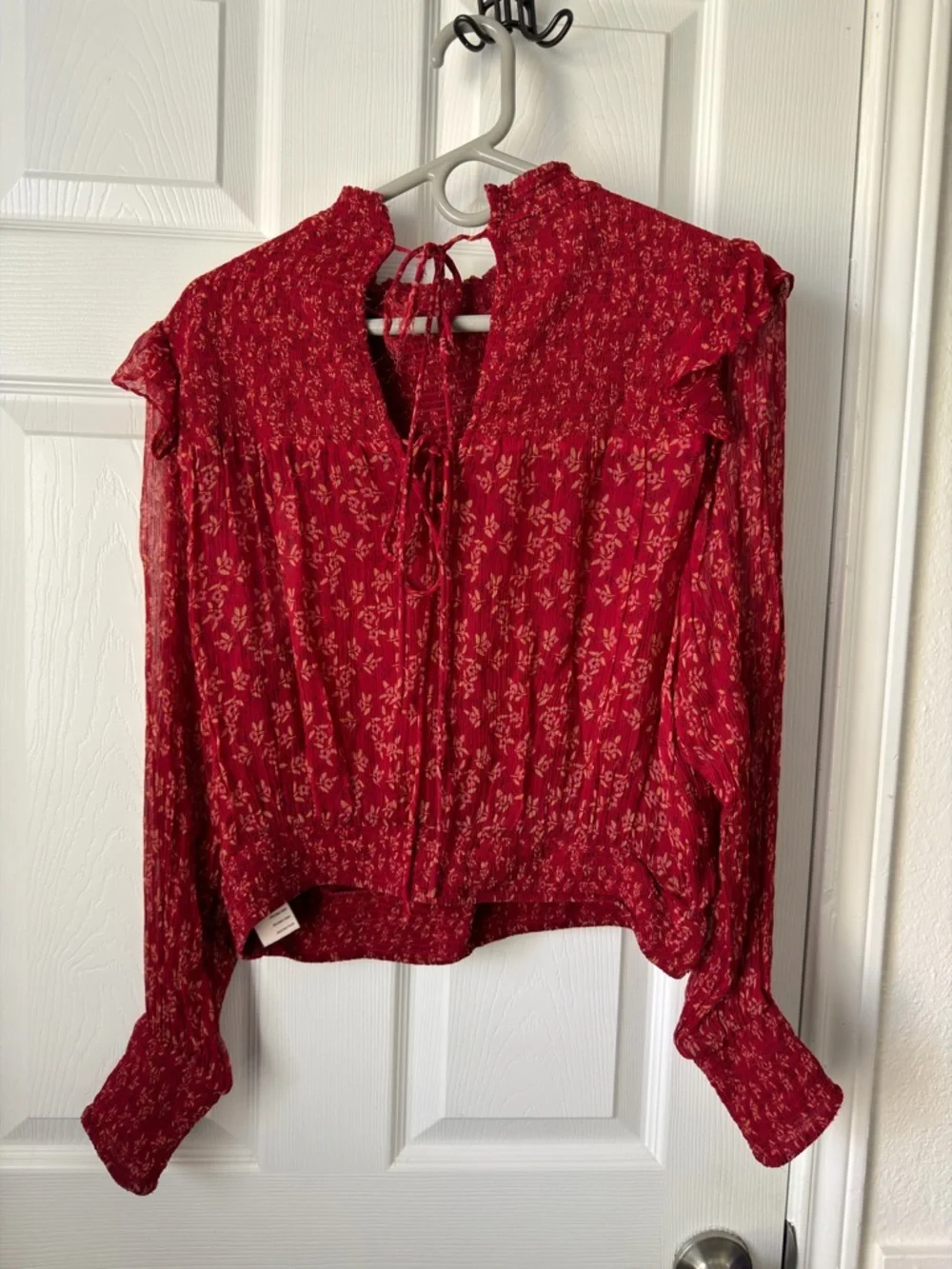 Free People Red Floral Smocked Blouse Ruffle Sleeve Boho Top S